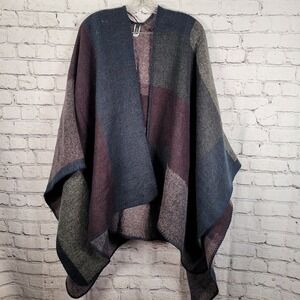 Apt 9 Sweater Wrap Open Front Blanket Poncho‎ Shawl Womens Plaid Blue Gray